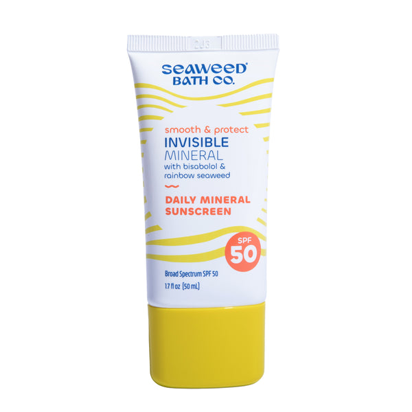 Seaweed Bath Co. Invisible Mineral SPF 50 with bisabolol & rainbow seaweed. Front of tube.