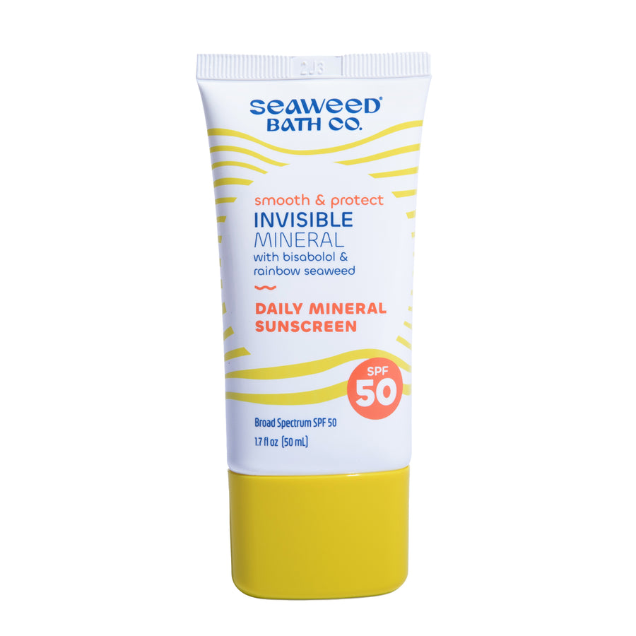 Seaweed Bath Co. Invisible Mineral SPF 50 with bisabolol & rainbow seaweed. Front of tube.