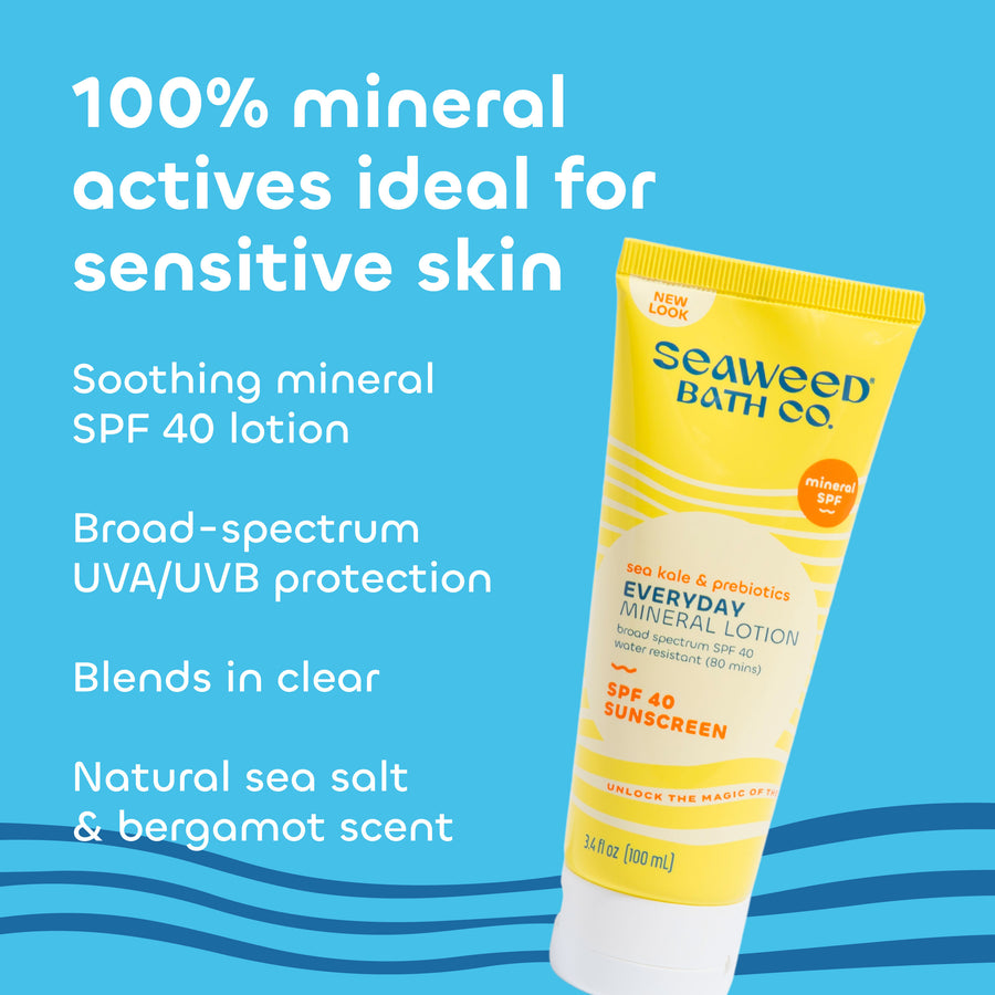 Seaweed Bath Co. Everyday Mineral Lotion SPF 40 with 100% mineral actives ideal for sensitive skin.