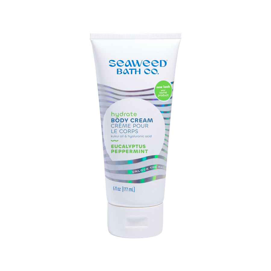 Hydrate Body Cream in Eucalyptus Peppermint Scent Front of Tube. Seaweed Bath Co.
