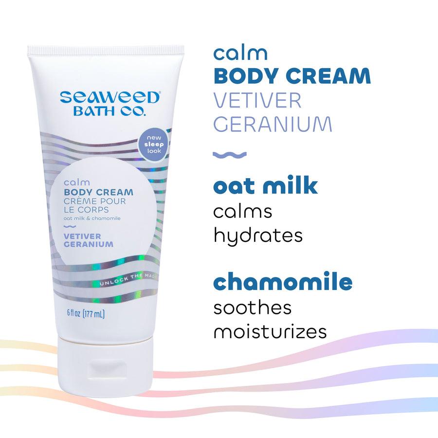 Calm Body Cream in Vetiver Geranium Scent with Key Ingredients Oat Milk and Chamomile. Seaweed Bath Co.