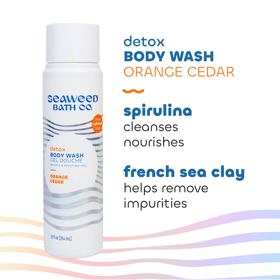 Key Ingredients of Detox Body Wash in Orange Cedar Scent. Seaweed Bath Co.