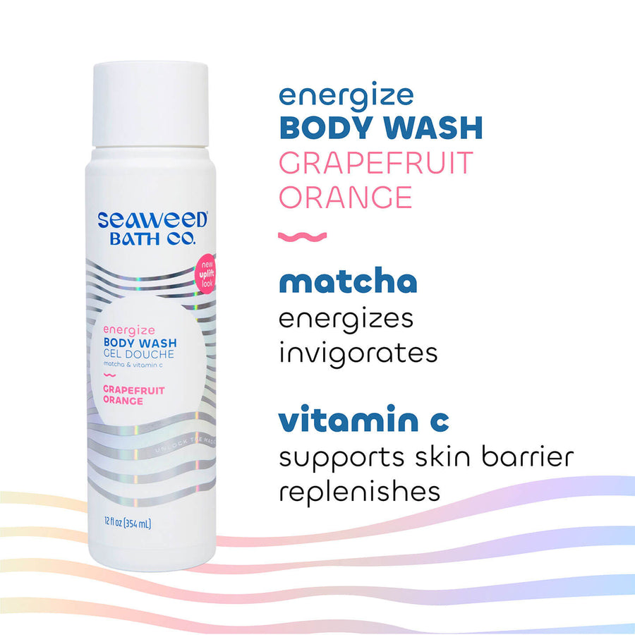 Key Ingredients in Energize Body Wash in Grapefruit Orange scent. Seaweed Bath Co.