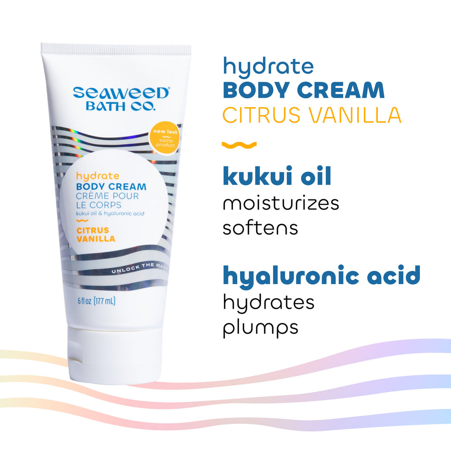 Seaweed Bath Co. Hydrate Body Cream in Citrus Vanilla Scent key ingredients Kukui Oil and Hyaluronic Acid.