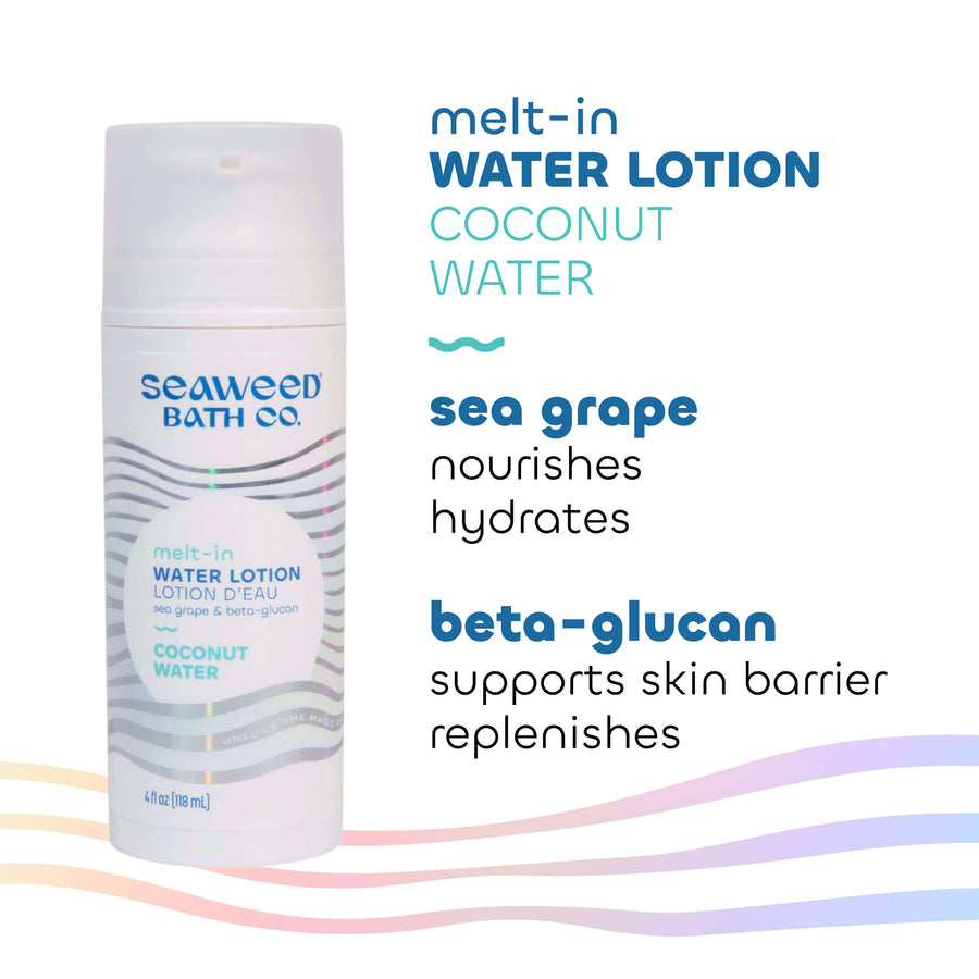 Seaweed Bath Co. Melt-In Water Lotion in Coconut Water scent with Key Ingredients Sea Grape and Beta Glucan.