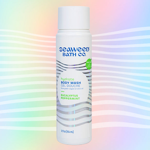 New Look Seaweed Bath Co Hydrate Body Wash in Eucalyptus Peppermint Scent on Rainbow Wave Background