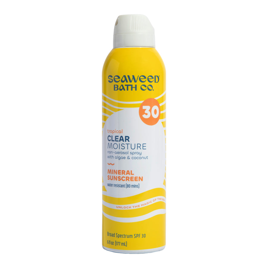 Clear Moisture Mineral Spray SPF 30 Sunscreen by Seaweed Bath Co. Front of can.