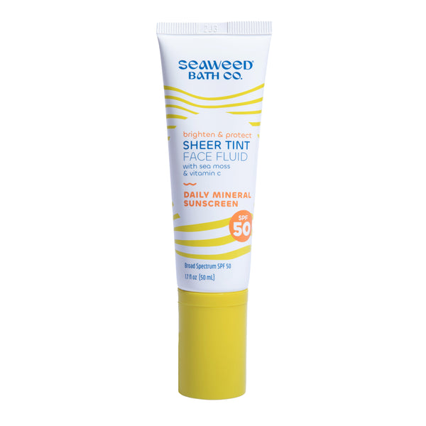 Seaweed Bath Co. Sheer Tint Face Fluid SPF 50 with sea moss & vitamin c. Front of tube.