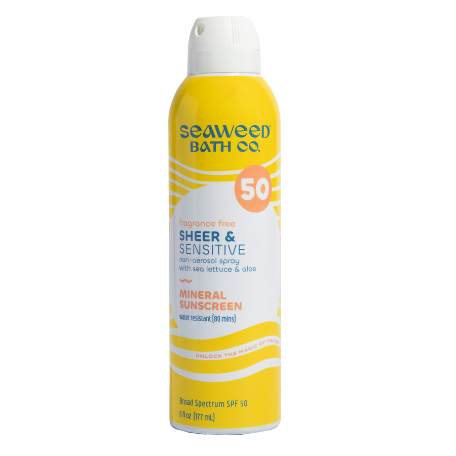 Seaweed Bath Co. Sheer and Sensitive Spray SPF 50 Sunscreen. Front of can.