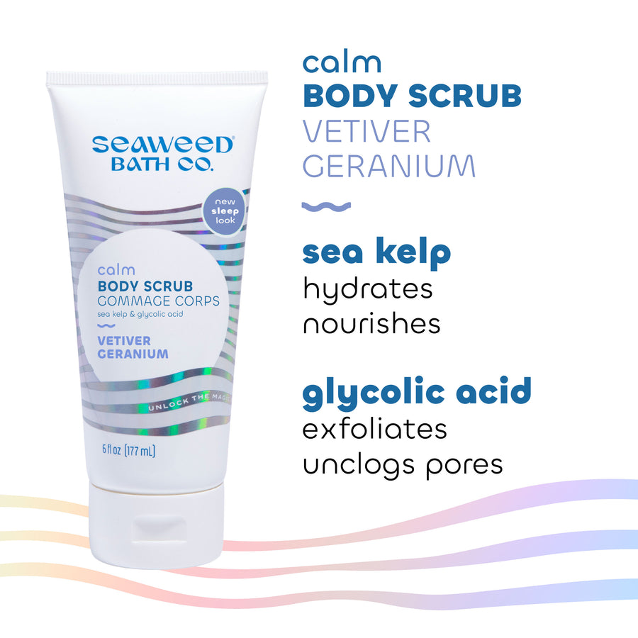 Seaweed Bath Co. Calm Body Scrub in Vetiver Geranium scent with Key Ingredients Sea Kelp and Glycolic Acid.