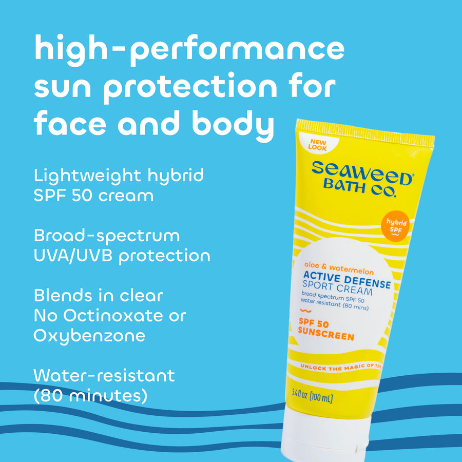 Seaweed Bath Co. Active Defense SPF 50 Sport Cream with hybrid sunscreen actives.