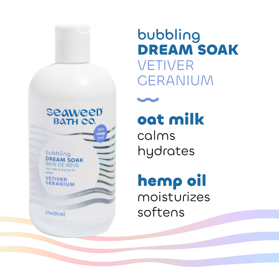 Seaweed Bath Co. Bubbling Dream Soak Key Ingredients Oat Milk and Hemp Oil.