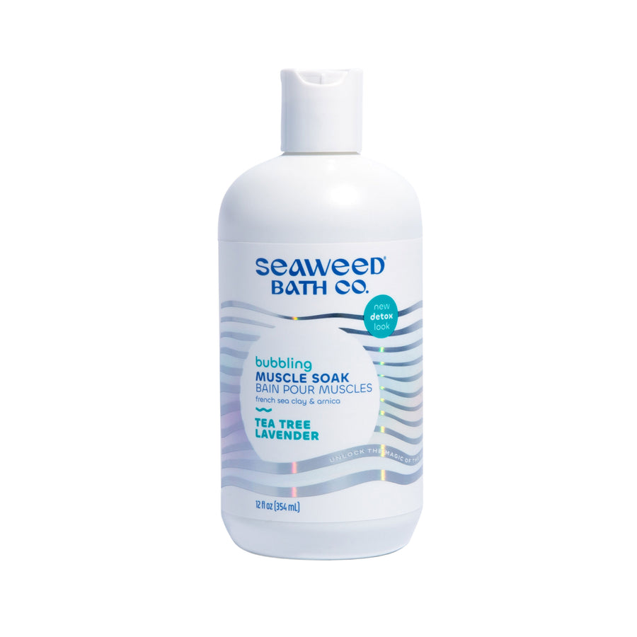Seaweed Bath Co. Bubbling Muscle Soak in Tea Tree Lavender Scent Bottle on a white background.