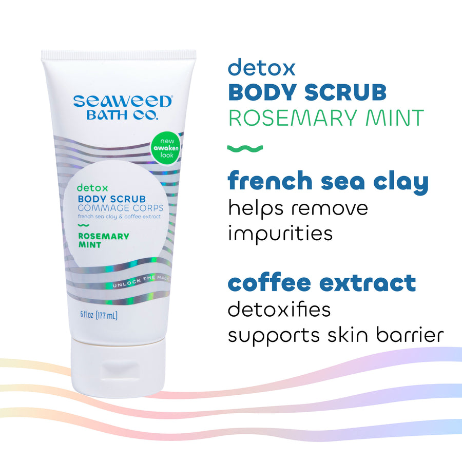 Detox Body Scrub in Rosemary Mint Scent key ingredients French Sea Clay and Coffee Extract.