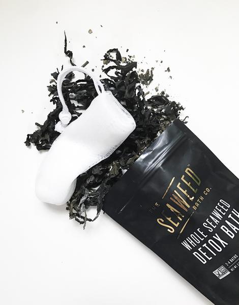 Whole Seaweed Detox Bath Package with Dried Seaweed and Mesh Bag Spilling Out. The Seaweed Bath Co.