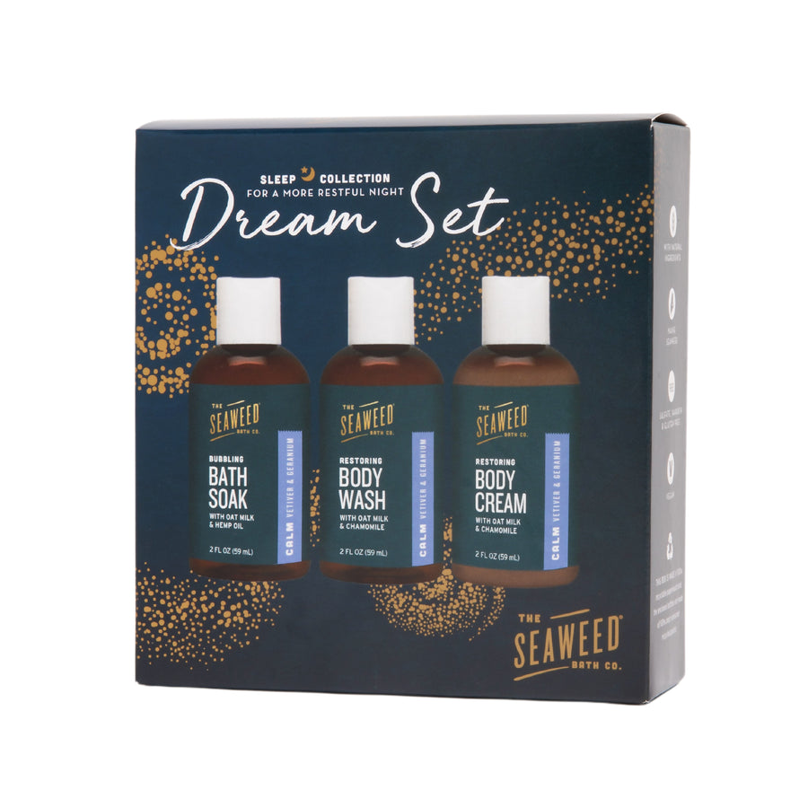 Seaweed Bath Co. Dream Set in our signature Calm scent (Vetiver & Geranium) - front of gift box