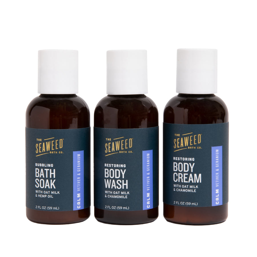 Seaweed Bath Co. Dream Set in our signature Calm scent (Vetiver & Geranium) - front of the three 2 oz. bottles included in gift set