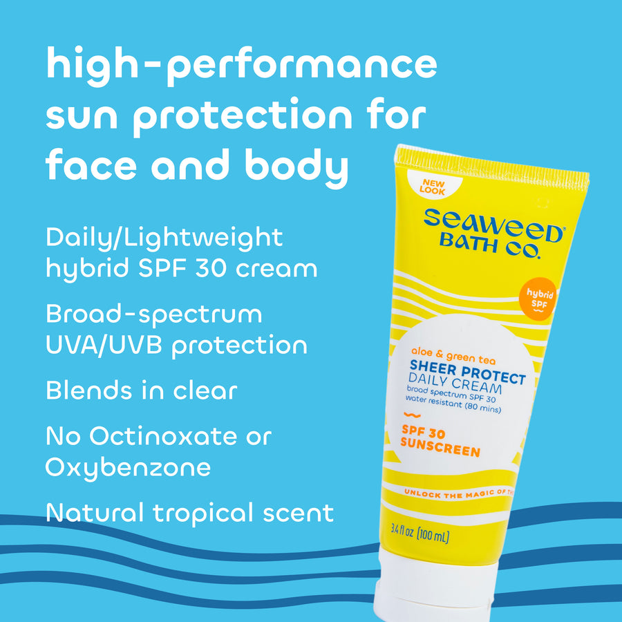 Sheer Protect Daily Cream SPF 30 Sunscreen with Aloe & Green Tea. Hybrid sun protection. Seaweed Bath Co.