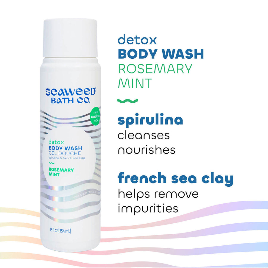 Key Ingredients of Detox Body Wash in Rosemary Mint Scent. Seaweed Bath Co.