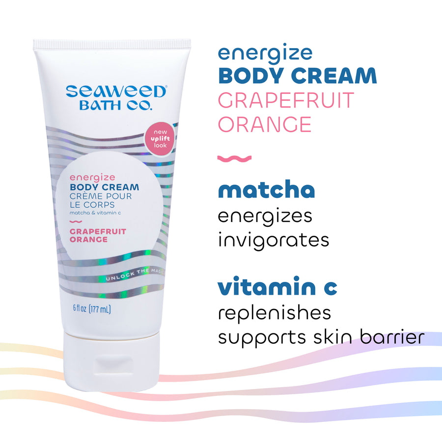 Energize Body Cream tube with Key Ingredients Matcha and Vitamin C. Seaweed Bath Co.