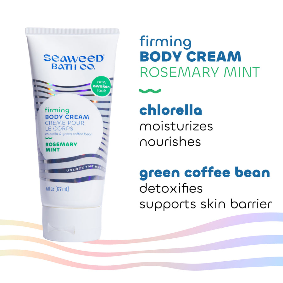 Firming Body Cream in Rosemary Mint Scent Tube with key ingredients Chlorella and Green Coffee Bean Extract. Seaweed Bath Co.