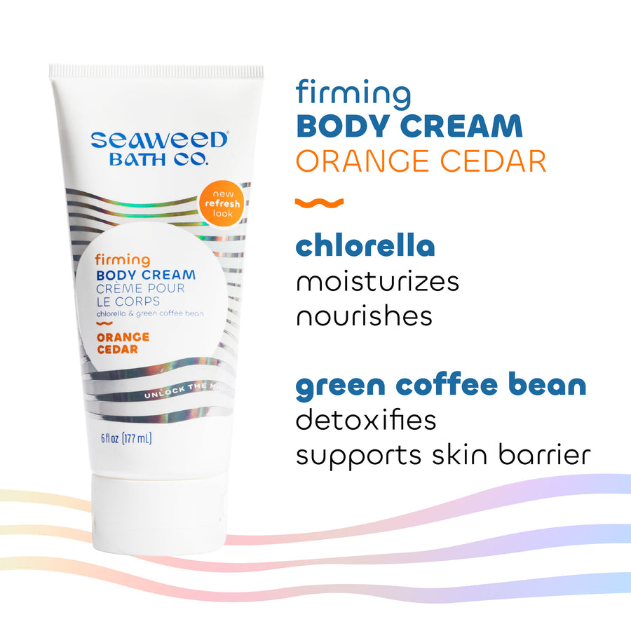 Firming Body Cream in Orange Cedar scent with Key Ingredients Chlorella and Green Coffee Bean. Seaweed Bath Co.