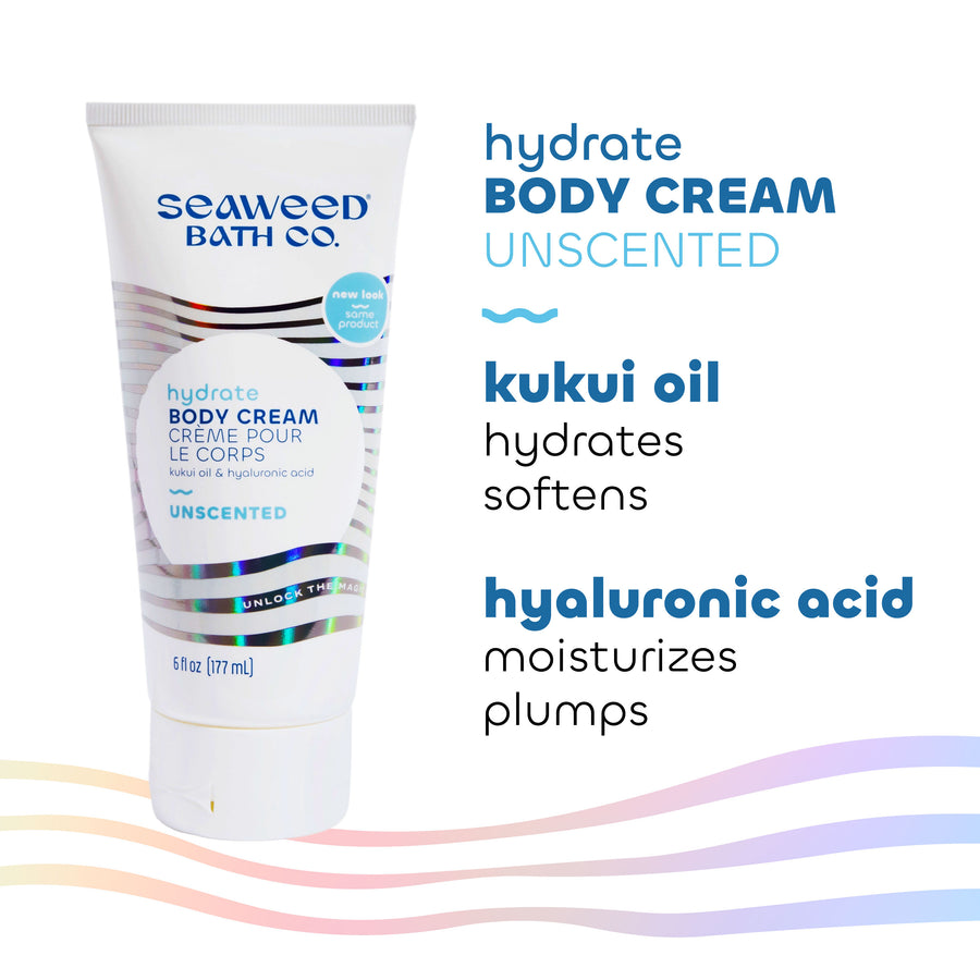 Seaweed Bath Co. Unscented Hydrate Body Cream Key Ingredients Kukui Oil and Hyaluronic Acid. 1.5 oz mini travel size.