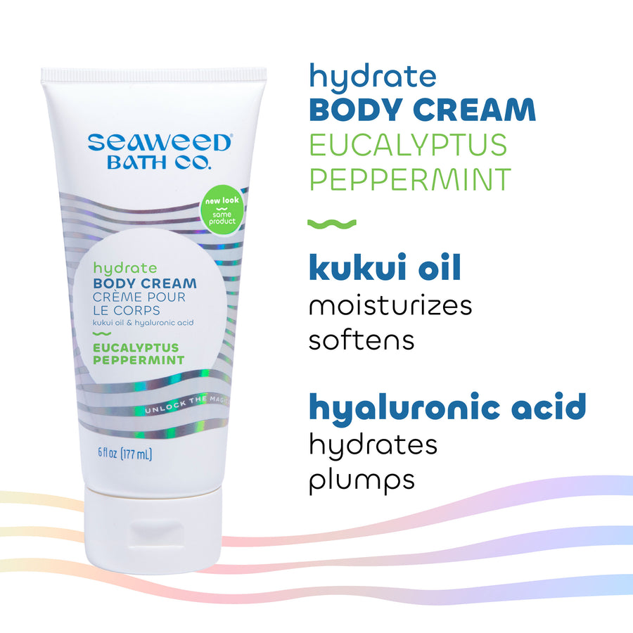 Hydrate Body Cream in Eucalyptus Peppermint Scent with Key Ingredients Kukui Oil and Hyaluronic Acid. Seaweed Bath Co.