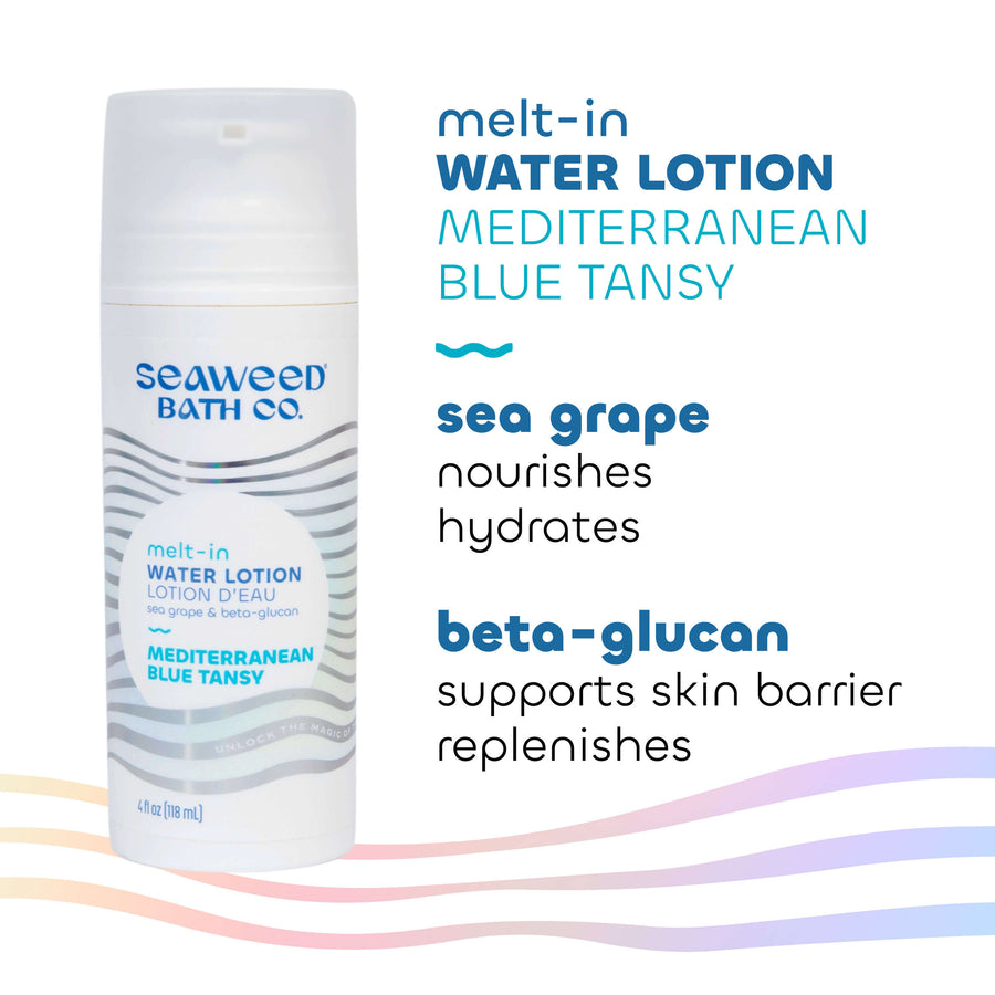 Melt-In Water Lotion in Mediterranean Blue Tansy scent. Key ingredients Sea Grape and Beta-Glucan. Seaweed Bath Co.