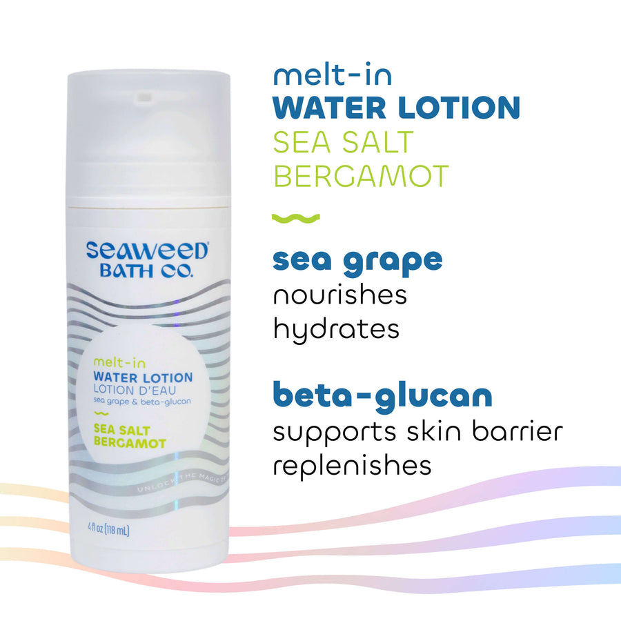 Seaweed Bath Co. Melt-In Water Lotion in Sea Salt Bergamot scent with Key Ingredients Sea Grape and Beta Glucan.