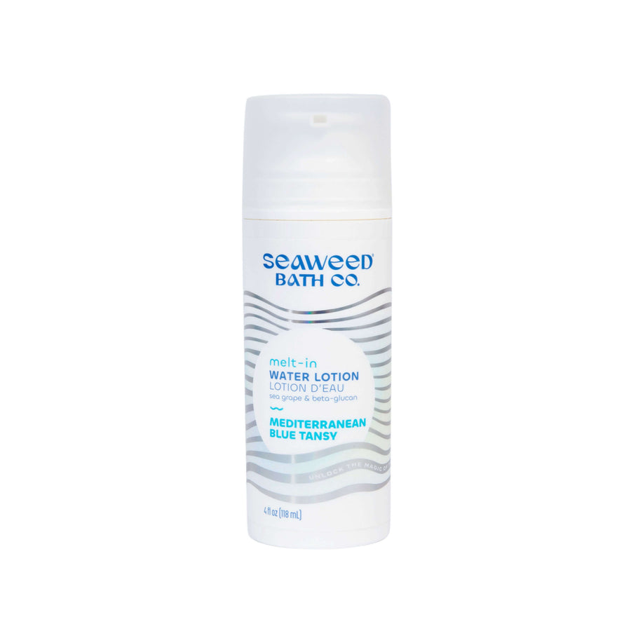 Seaweed Bath Co. Melt-In Water Lotion in Mediterranean Blue Tansy scent. Front of bottle.