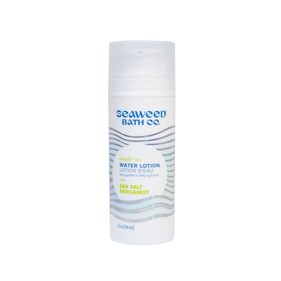 Seaweed Bath Co. Melt-In Water Lotion in Sea Salt Bergamot scent. Front of bottle.