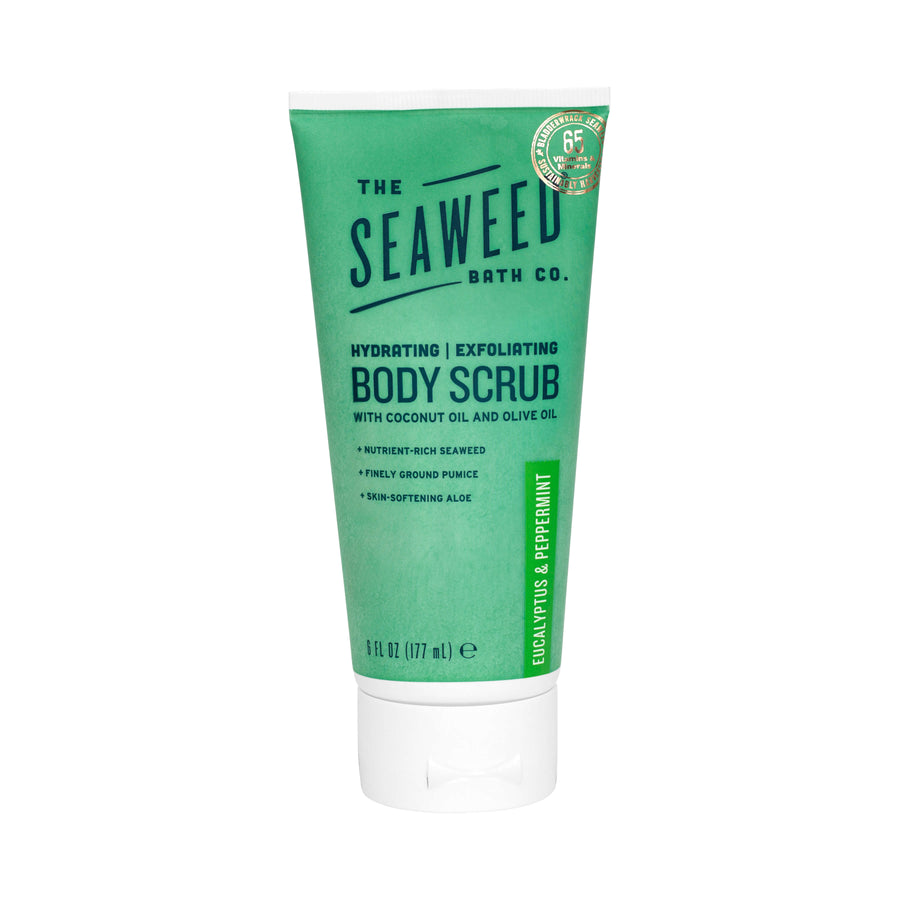 The Seaweed Bath Co. Hydrating Exfoliating Body Scrub in Eucalyptus & Peppermint Scent. Front of tube.